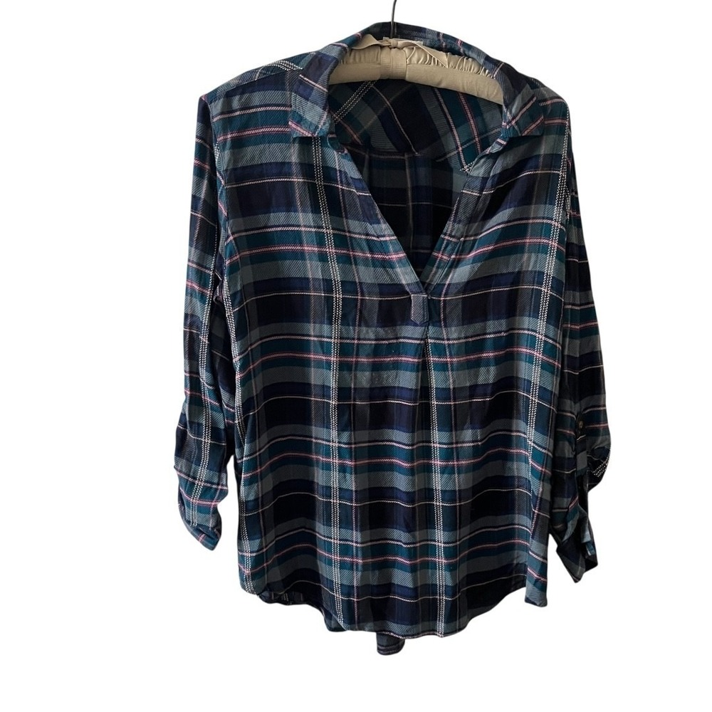 Maurices Womens Large Plaid Split Neck Popover Blouse Navy Teal Pink Roll Sleeve